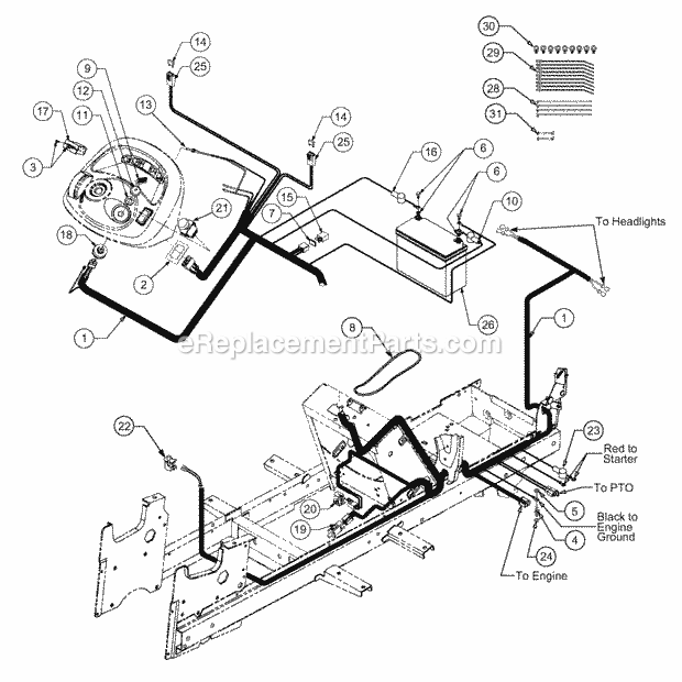 Battery, Electrical Components And Switches Diagram and Parts List for GT2523-54 13A-2A8K710 Cub Cadet Lawn Tractor